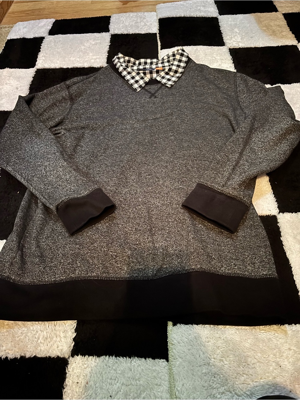 Charcoal Gray Crewneck Sweater with Mock Plaid Collar